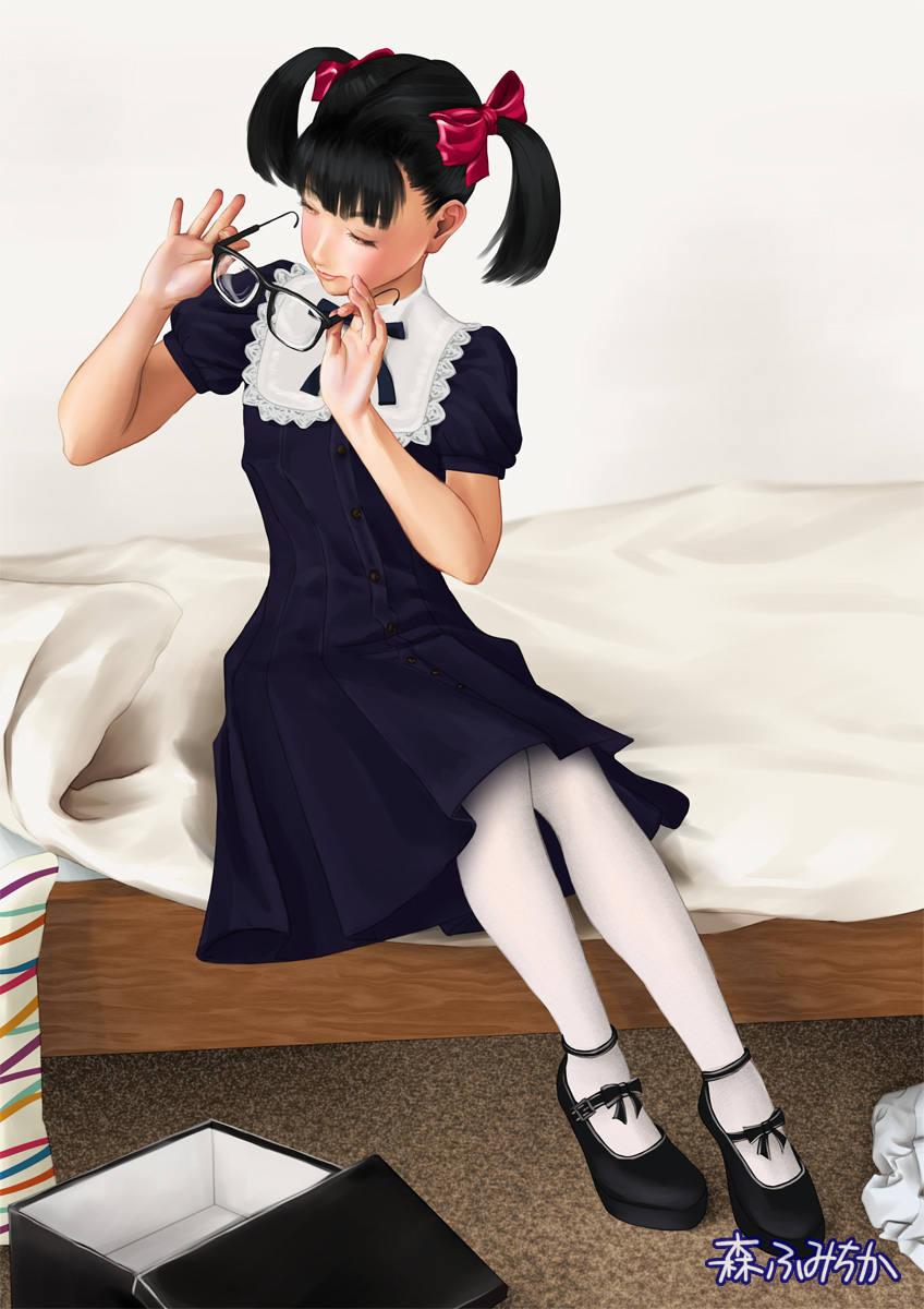 Fumichika Mori Highres Tagme 1girl Bed Black Hair Bow Dress