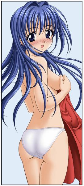 minase nayuki, kanon, jpeg artifacts, non-web source, 1girl, ass, blue eyes, blue hair, blush, breasts, long hair, matching hair/eyes, medium breasts, panties, sideboob, solo, underwear, undressing - Image View -  | Gelbooru - Free Anime and Hentai Gallery