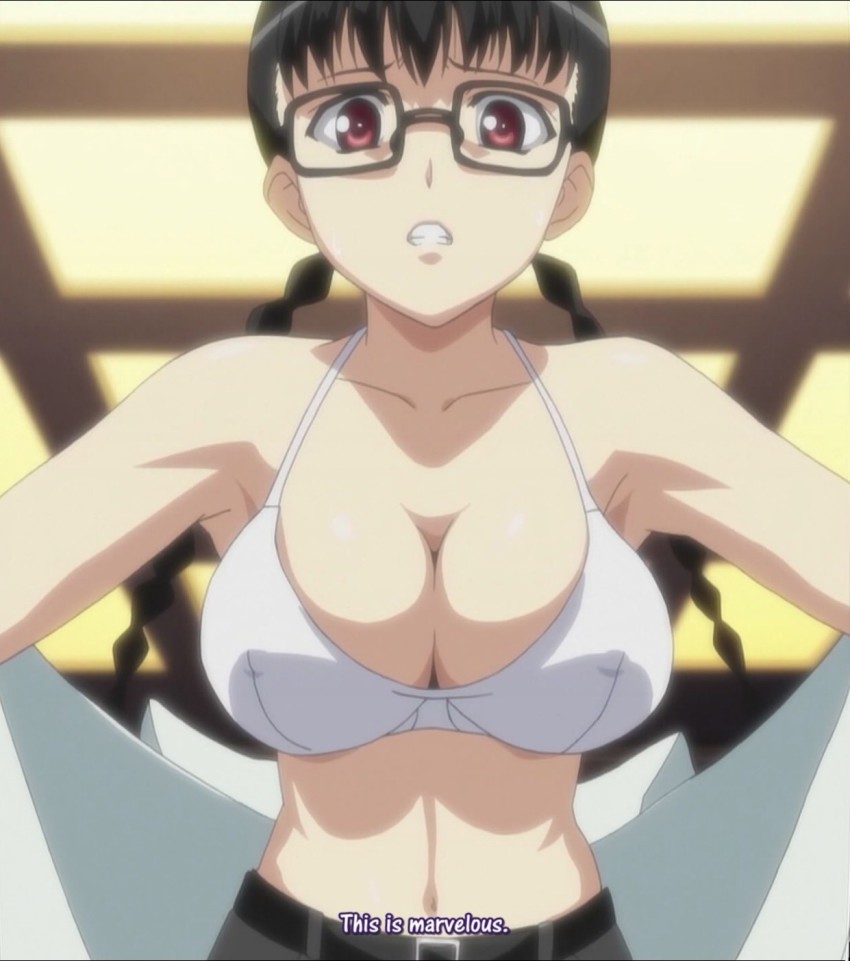 shiizaki lulu, seikon no qwaser, highres, 1girl, black hair, bra, braid,  breasts, cleavage, clenched teeth, glasses, large breasts, red eyes, teeth,  text focus, twin braids, underwear, undressing, white bra - Image View -