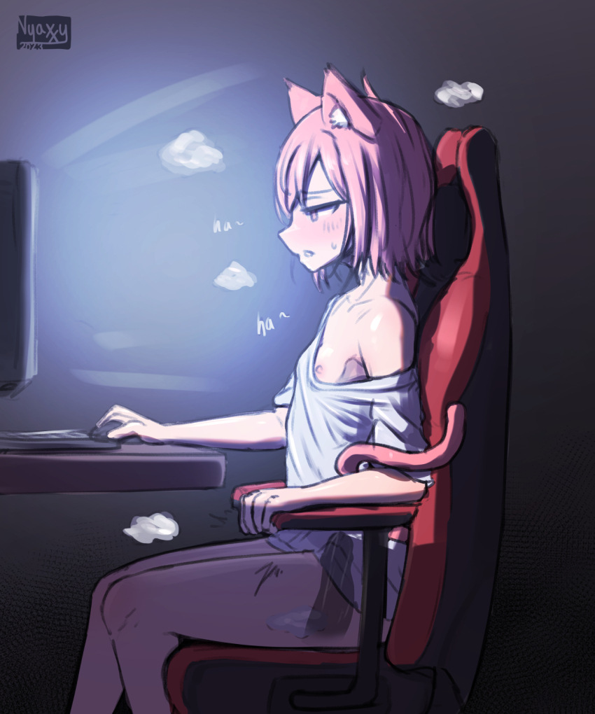 nyaxxy, commentary, english commentary, highres, 1girl, 2023, animal ear fluff, animal ears, artist logo, artist name, at computer, blush, bottomless, chair, computer, dated, dildo, dildo reveal, dildo riding, female masturbation, flat chest,