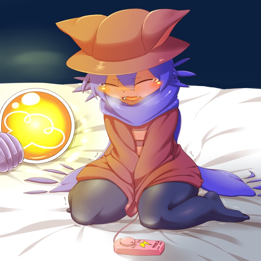 alacarte, niko (oneshot), oneshot (game), highres, textless version,  1other, androgynous, animal ears, bed sheet, between legs, blush, breath,  brown dress, brown headwear, closed eyes, controller, dress, english text,  fang, full body, furry,
