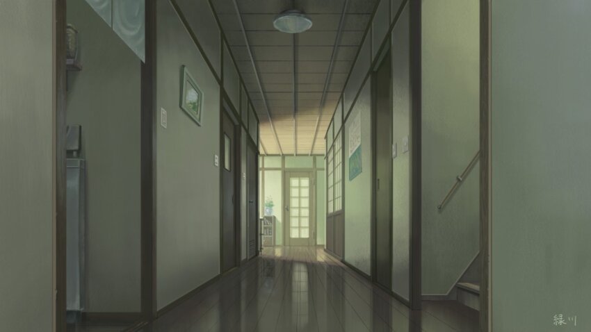 Two anime girls in a dark hallway - desktop wallpapers