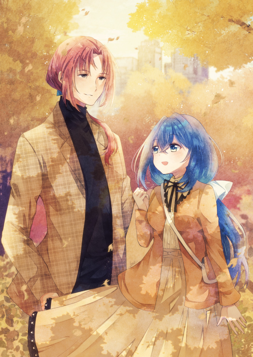 original, highres, 1boy, 1girl, :d, age difference, autumn, bag, black  shirt, blue eyes, blue hair, blurry, blurry background, brown hair, brown  jacket, day, dress, eye contact, hair between eyes, hair up, hand