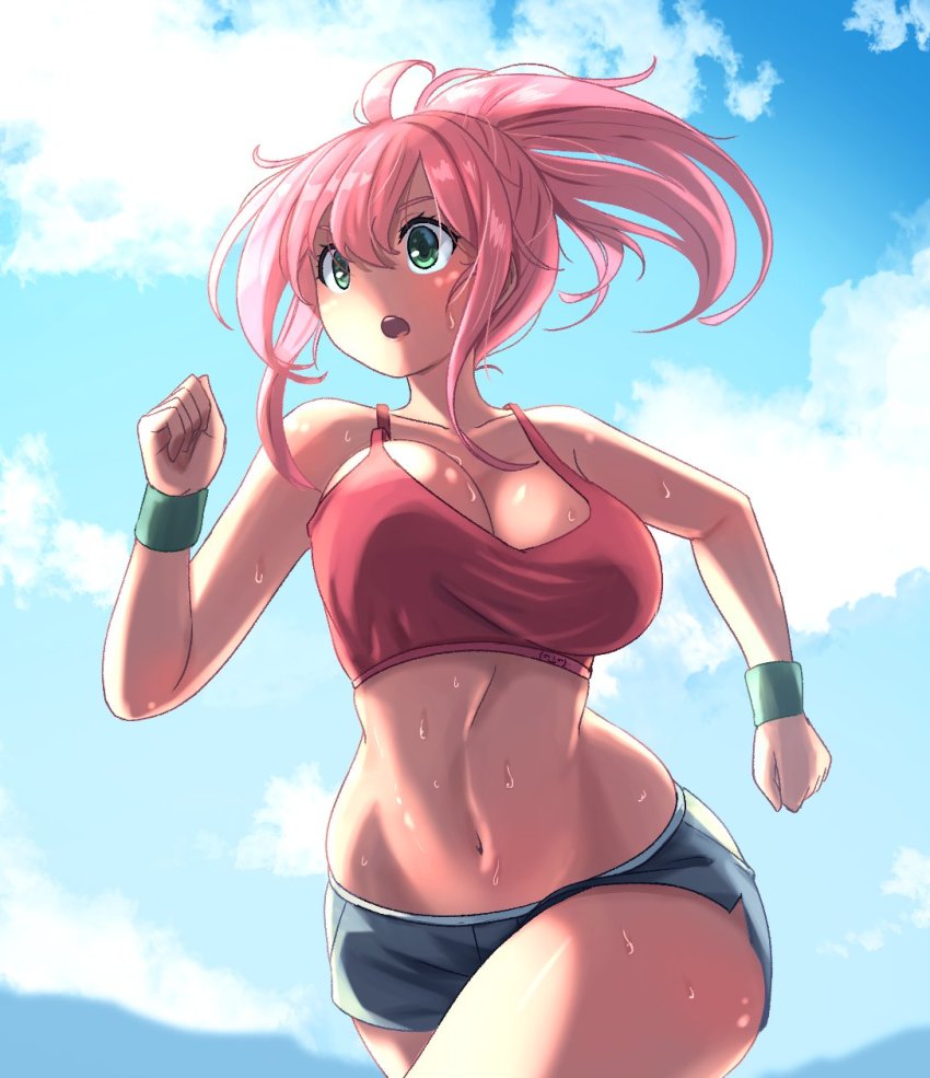 kay yu, pink-haired girl (kay yu), original, commentary, english  commentary, highres, 1girl, bouncing breasts, breasts, clenched hands,  cloud, cowboy shot, day, exercise, floating hair, green eyes, jogging,  large breasts, midriff, navel, open