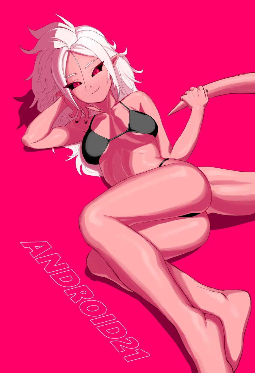 zequung, zquung, android 21, majin android 21, dragon ball, dragon ball  fighterz, dragonball z, absurdres, highres, ass, bare arms, bare legs, bare  shoulders, barefoot, bikini, bikini top only, black eyes, black nails,