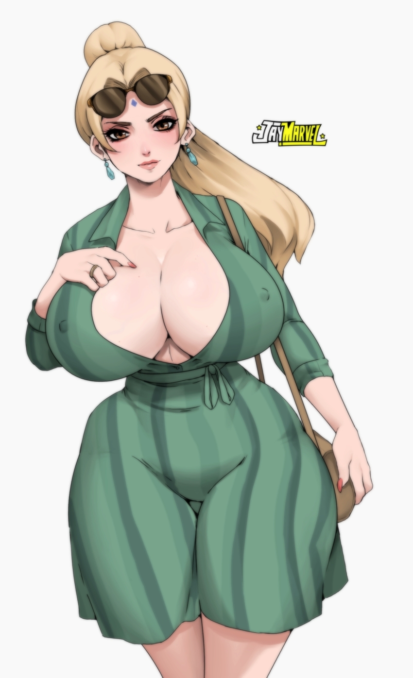 jay-marvel, tsunade (naruto), naruto, naruto (series), highres, 1girl,  blonde hair, breasts, brown hair, cleavage, covered erect nipples, dutch  angle, earrings, facial mark, forehead mark, huge breasts, jewelry, ring,  solo, standing, sunglasses on