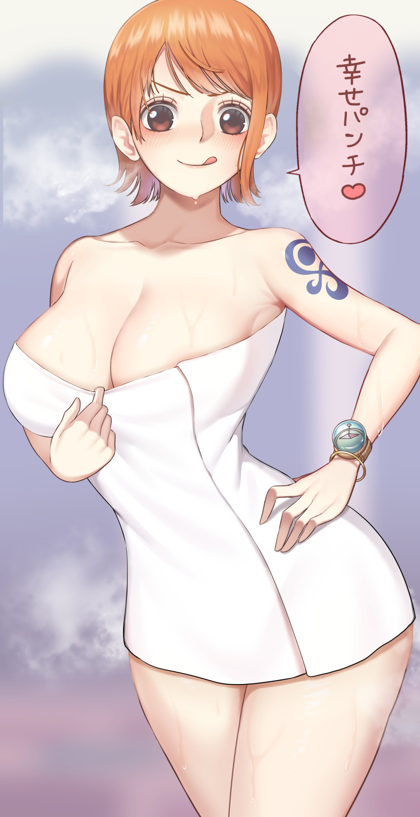 pipi20211026, nami (one piece), one piece, absurdres, commentary request,  highres, translated, 1girl, :q, after bathing, arm tattoo, bare shoulders,  blush, breasts, brown eyes, cleavage, closed mouth, collarbone, cowboy  shot, hand on own