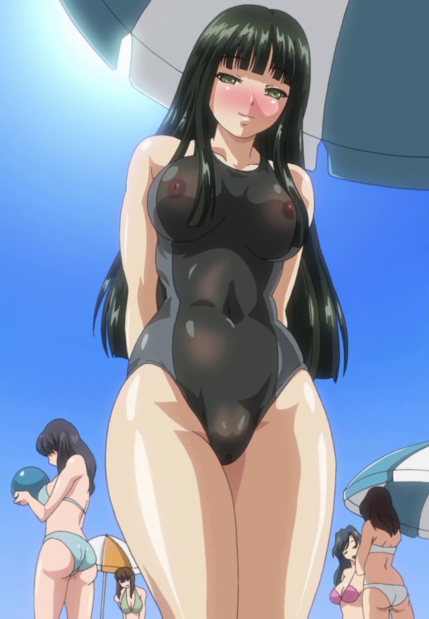 sayaka (mizugi kanojo), mizugi kanojo, highres, 00s, ass, beach, blush,  breasts, curvy, green hair, large breasts, nipples, swimsuit - Image View -  | Gelbooru - Free Anime and Hentai Gallery