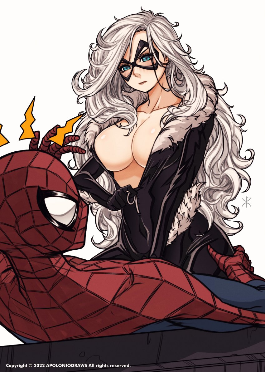apoloniodraws, black cat (marvel), spider-man, marvel, spider-man (series),  absurdres, commentary, english commentary, highres, 1boy, 1girl, 2022,  animification, artist name, black bodysuit, blush, bodysuit, breasts,  cleavage, closed mouth, collarbone ...