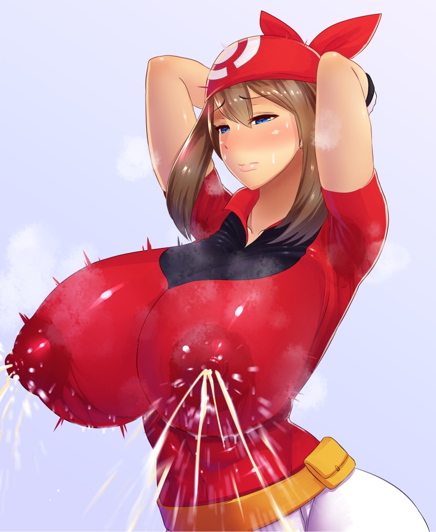 domoipetti, may (pokemon), creatures (company), game freak, nintendo,  pokemon, pokemon rse, highres, 1girl, arms up, bandana, blue eyes, breasts,  brown hair, female focus, gloves, huge breasts, lactation, lactation  through clothes, large areolae,