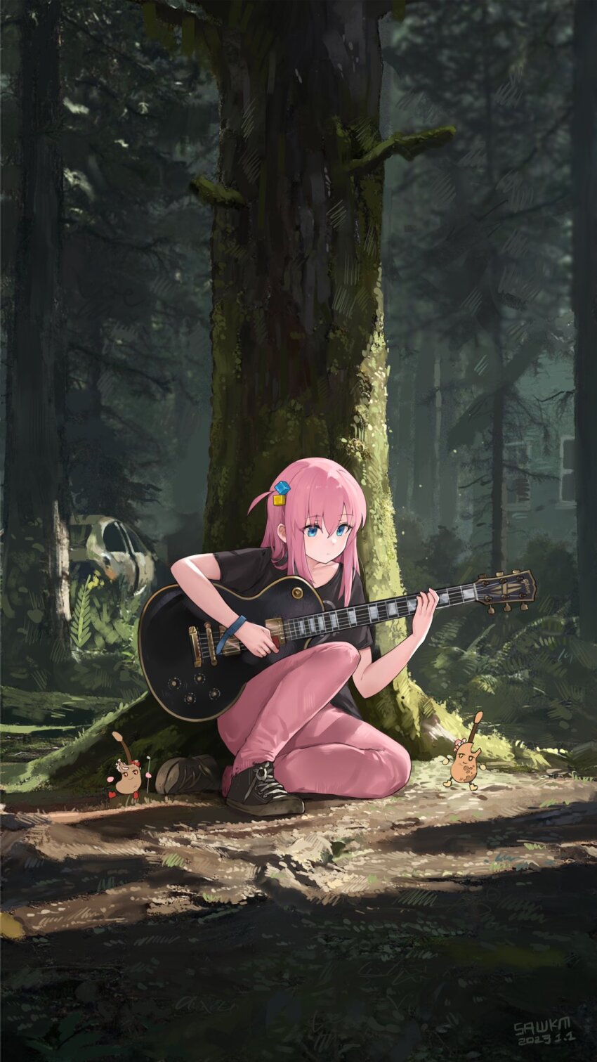 sawkm, gotoh hitori, bocchi the rock!, the last of us 2, highres, 1girl,  black footwear, black shirt, blue eyes, cube hair ornament, forest, guitar,  hair between eyes, hair ornament, instrument, long hair, music, nature,  outdoors, pants, pink hair, pink pants,