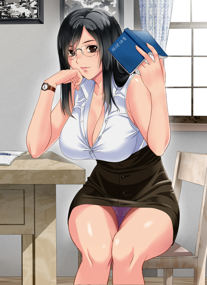 switch01, tifa lockhart, final fantasy, final fantasy vii, highres,  revision, 1girl, bare arms, bare shoulders, bespectacled, black hair, blouse,  book, breasts, brown eyes, brown hair, brown skirt, buttons, chair,  cleavage, closed mouth,