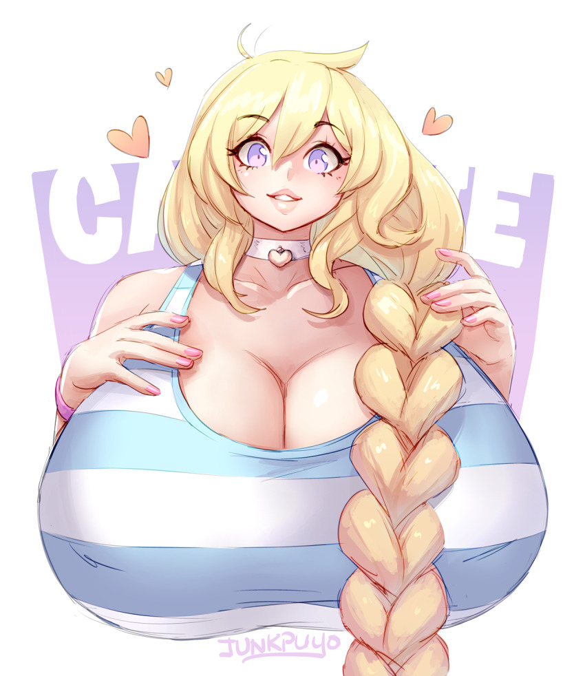 junkpuyo, cassie (theycallhimcake), original, commentary request, highres,  1girl, ahoge, artist name, blonde hair, braid, breasts, cleavage, huge  breasts, long hair, looking at viewer, open mouth, purple eyes, solo, upper  body - Image