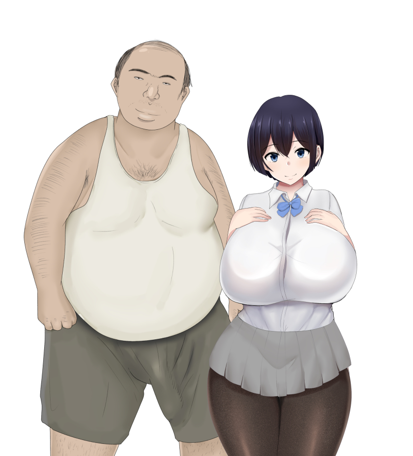 absurdres, highres, 1boy, 1girl, breasts, fat, fat man, huge breasts, short  hair, smile - Image View - | Gelbooru - Free Anime and Hentai Gallery