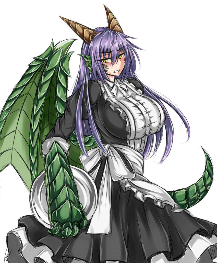 Monster girl large breasts Sanmotogoroo Dragon Monster Girl Encyclopedia Monster Girl Encyclopedia Highres 1girl Alternate Costume Apron Blush Breasts Dragon Dragon Girl Enmaided Frills Green Wings Horns Large Breasts Long Hair Looking At Viewer Maid Maid