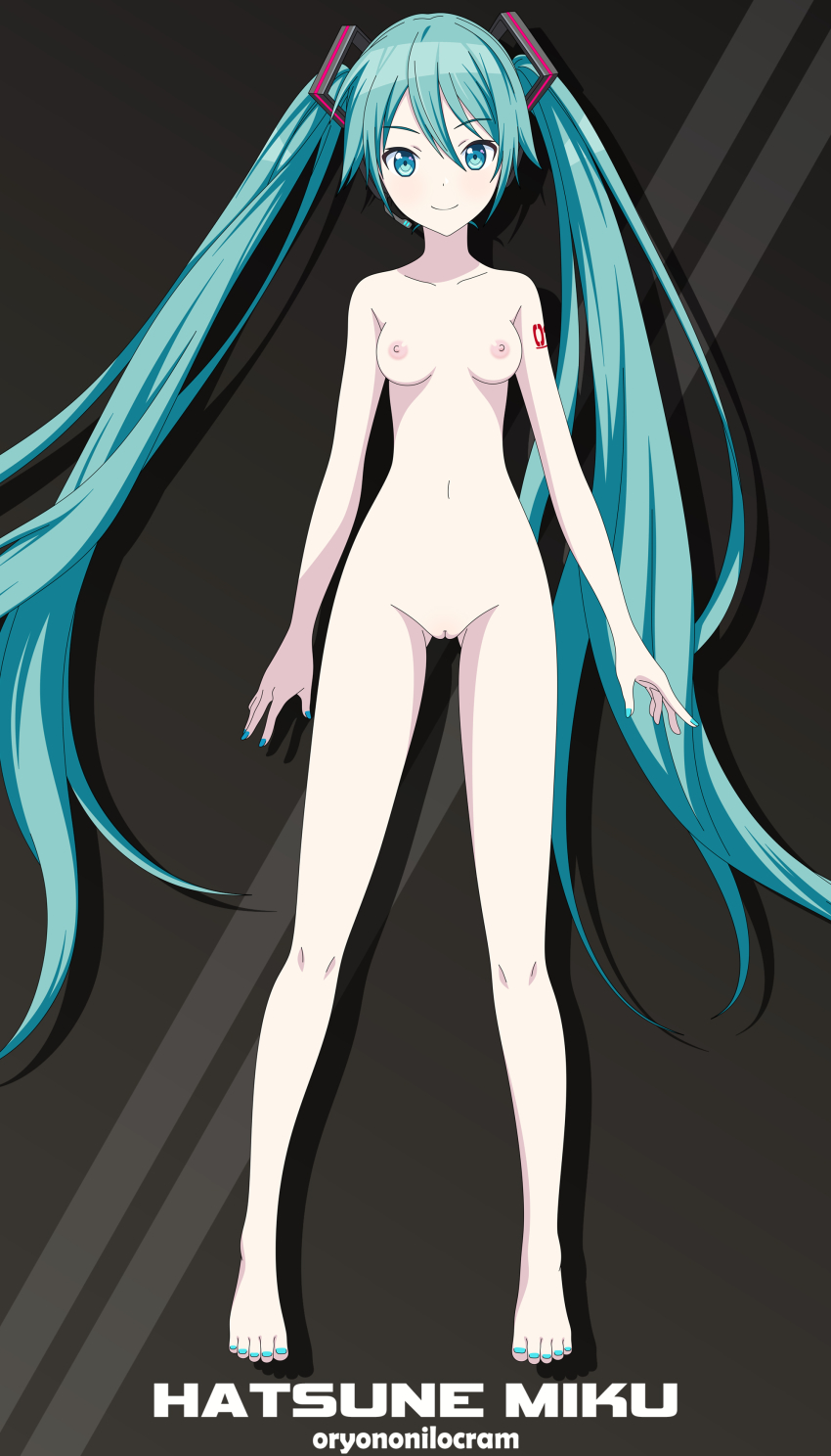 oryononilocram, hatsune miku, vocaloid, absurdres, highres, nude filter,  third-party edit, blue eyes, blue hair, blue nails, blush, breasts, cleft  of venus, completely nude, feet, nail polish, nipples, nude, pussy, smile,  toes -