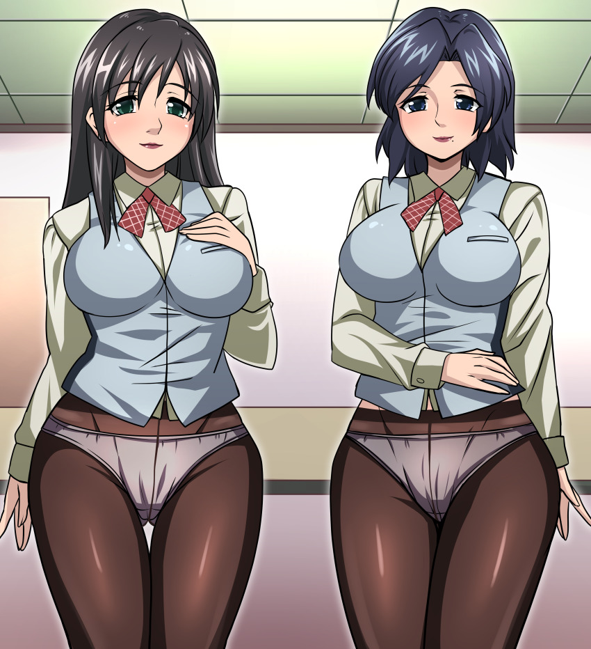 yagami (mukage), female bank teller (shin bible black), bible black, shin bible black, absurdres, artist request, highres, 2girls, black hair, blue hair, blush, breasts, curvy, female ejaculation, green eyes, large breasts, lips, pic