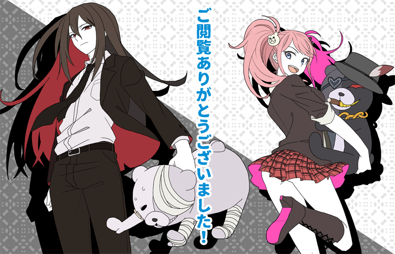 10s 1boy 1girl blonde_hair blue_eyes boots danganronpa_(series) eitoman enoshima_junko hair_ornament kamukura_izuru kurokuma_(danganronpa) long_hair shirokuma_(danganronpa) sleeves_rolled_up smile spoilers thank_you translation_request twintails danganronpa_another_episode:_ultra_despair_girls