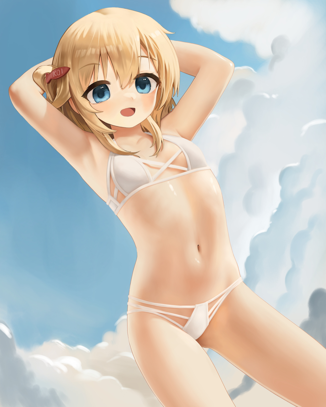 1girl armpits arms_behind_head bikini blonde_hair blue_eyes blue_sky breasts cloud crumbles day hair_ornament highres looking_at_viewer open_mouth original short_hair sky small_breasts solo standing swimsuit thighs white_bikini