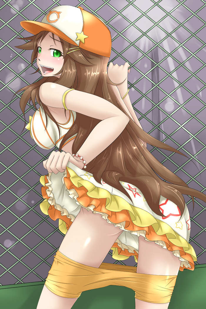 10s 1girl blush brown_hair clothes_pull fence fukuro_(claw) green_eyes hair_ornament hairclip hat himekawa_yuki idolmaster idolmaster_cinderella_girls long_hair open_mouth shorts shorts_pull sleeveless solo star_(symbol) very_long_hair