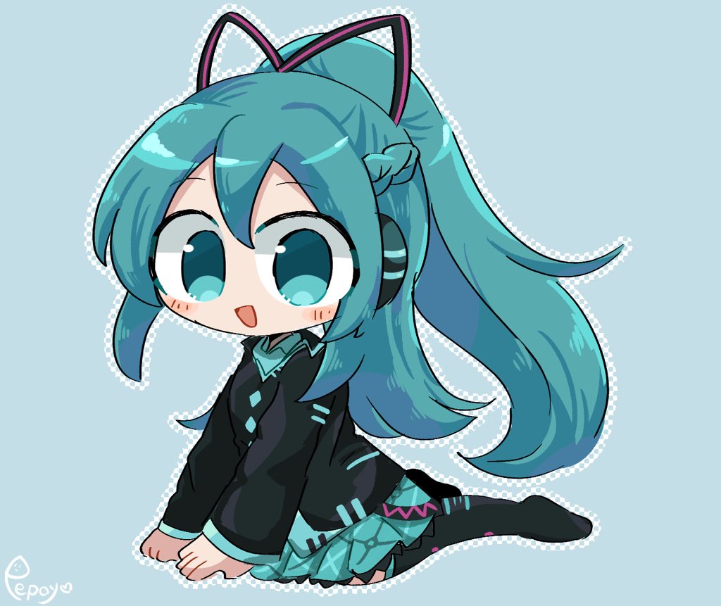 1girl aqua_background aqua_eyes aqua_hair aqua_shirt aqua_skirt aqua_trim black_footwear black_jacket black_ribbon chibi hair_ribbon hatsune_miku hatsune_miku_(if) jacket kneeling open_mouth pepoyo polka_dot_outline ponytail ribbon shirt simple_background skirt vocaloid