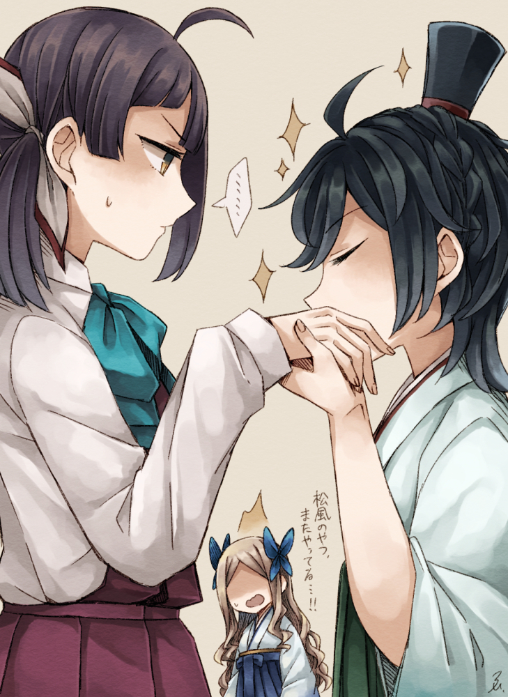 ... 3girls ahoge asakaze_(kancolle) bad_id bad_pixiv_id black_hair blue_bow bow brown_hair closed_eyes expressionless fujinami_(kancolle) hair_bow hair_ribbon hat japanese_clothes kantai_collection kimono kiss kissing_hand long_hair matsukaze_(kancolle) meiji_schoolgirl_uniform mini_hat mini_top_hat miroku_san-ju multiple_girls no_eyes ribbon school_uniform shirt short_hair side_ponytail sparkle surprised top_hat translation_request upper_body wavy_hair wavy_mouth white_shirt yellow_eyes yuri