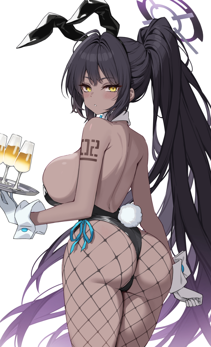 1girl animal_ears arm_tattoo armpit_crease ass backless_leotard bare_shoulders black_hair black_leotard blue_archive blush breasts colored_tips cowboy_shot cup dark-skinned_female dark_skin drinking_glass fishnet_pantyhose fishnets from_behind gloves halo high_ponytail highres holding holding_tray karin_(blue_archive) karin_(bunny)_(blue_archive) large_breasts leotard long_hair looking_back multicolored_hair pantyhose parted_lips playboy_bunny purple_hair rabbit_ears rabbit_tail sideboob simple_background skindentation solo tail tattoo tray very_long_hair white_background white_gloves wrist_cuffs yellow_eyes yuxian_youka