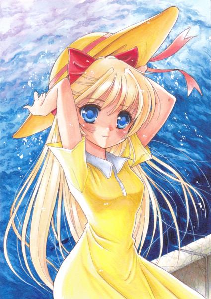 1girl aino_minako arms_up bishoujo_senshi_sailor_moon blonde_hair blue_eyes dress female_focus hair_ribbon hat holding holding_hat holding_unworn_clothes long_hair ribbon sitting solo sun_hat tomoeri unworn_hat unworn_headwear yellow_dress