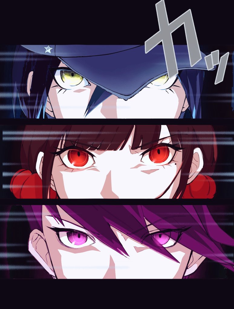 1girl 2boys aru_a_(arutoa5008) black_hair black_hat danganronpa_(series) danganronpa_v3:_killing_harmony emphasis_lines eye_focus hair_ornament hair_scrunchie harukawa_maki hat looking_at_viewer mole mole_under_eye momota_kaito mouth_out_of_frame multiple_boys pink_eyes pink_hair red_eyes red_scrunchie saihara_shuichi scrunchie