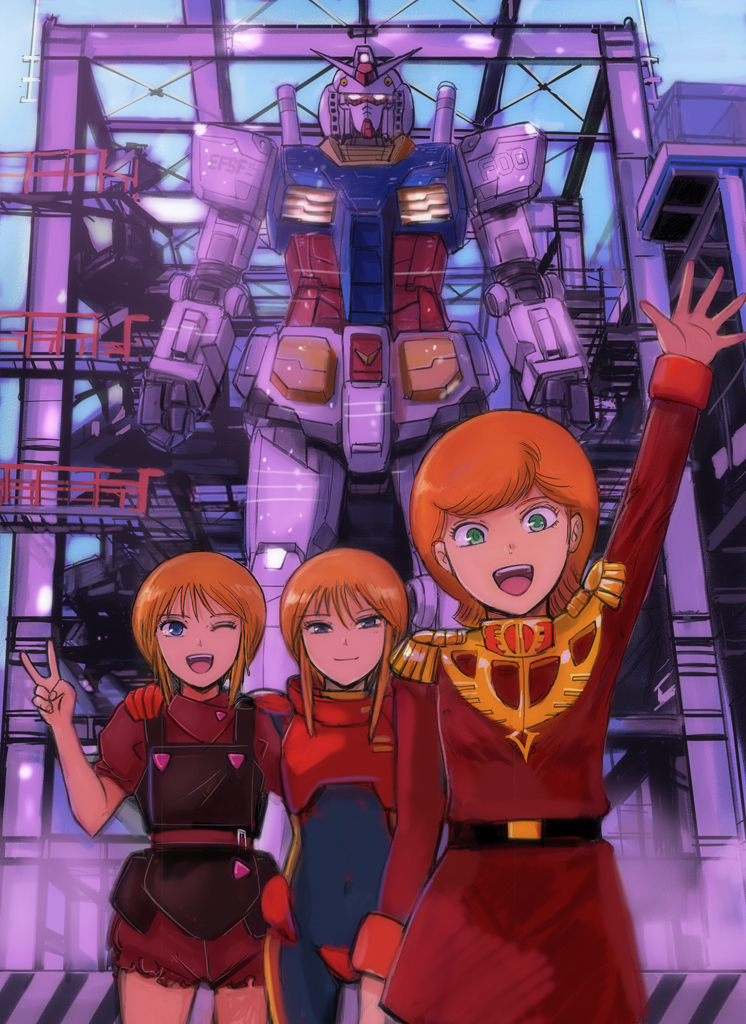 3girls belt blue_eyes building clone commentary_request elpeo_puru gacha-m green_eyes gundam gundam_zz happy machinery mecha military_uniform mineva_lao_zabi mobile_suit mobile_suit_gundam multiple_girls neo_zeon one_eye_closed open_mouth orange_hair pilot_suit puru_two real_life robot rx-78f00 science_fiction v v-fin waving_arm