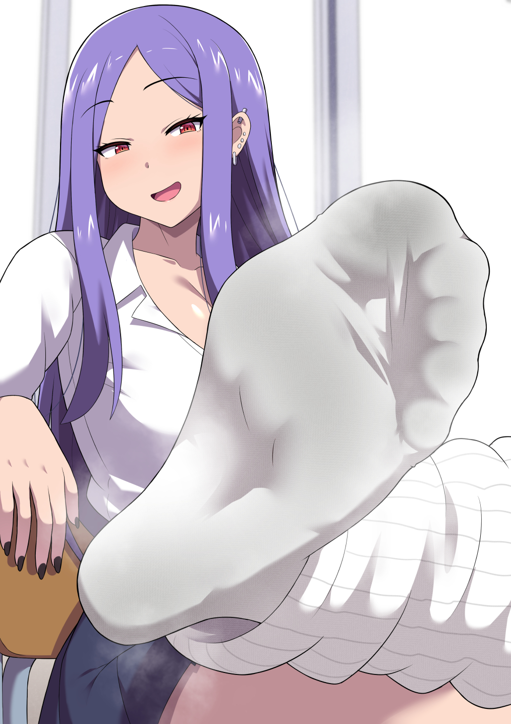 1girl chair crossed_legs feet highres j-kisarazu light_blush long_hair looking_at_viewer loose_socks nail_polish open_mouth red_eyes sitting socks soles steam