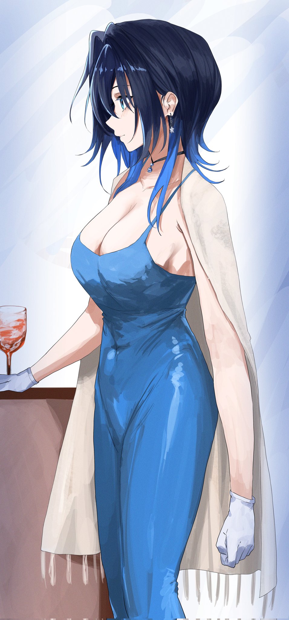 blue_dress blue_eyes blue_hair breasts cleavage cup dress drinking_glass ear_piercing earrings encara10 from_side gloves hair_intakes highres hololive hololive_english jewelry large_breasts long_hair necklace ouro_kronii piercing shoal star_(symbol) star_earrings virtual_youtuber white_gloves wine_glass