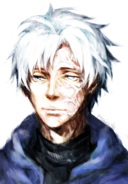 1boy ahoge blue_eyes closed_mouth fate/zero fate_(series) grey_eyes half-closed_eyes heterochromia lossehelin male_focus matou_kariya portrait signature simple_background solo turtleneck upper_body veins white_background white_hair