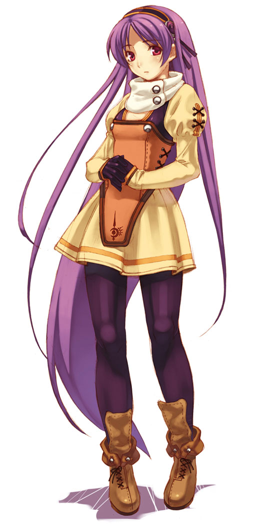 1girl black_pantyhose dress female_focus full_body hairband hirano_katsuyuki long_hair official_art own_hands_clasped own_hands_together pantyhose purple_hair rainmilan rainmilan_(spectral_souls) red_eyes shoes skirt solo spectral_(series) spectral_souls very_long_hair white_background yellow_dress yellow_skirt