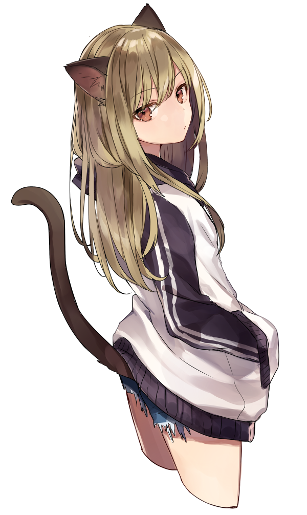 1girl animal_ears brown_eyes brown_hair cat_ears cat_girl cat_tail closed_mouth cropped_legs denim denim_shorts from_side hair_between_eyes hand_in_pocket jacket long_hair looking_at_viewer original short_shorts shorts shugao simple_background solo tail track_jacket tsurime white_background