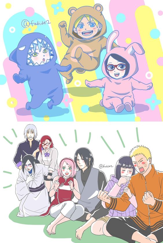 animal_costume barefoot black_hair blonde_hair blue_hair blush boruto:_naruto_next_generations facial_mark forehead_mark fubide2 glasses grabbing_another&#039;s_arm green_eyes hand_on_own_chest haruno_sakura headband hoozuki_suigetsu husband_and_wife hyuuga_hinata japanese_clothes karin_(naruto) kimono mitsuki_(naruto) multiple_boys multiple_girls naruto_(series) on_ground orochimaru_(naruto) parent_and_child pink_hair red_hair red_headband sharp_teeth short_hair smile sweatdrop teeth uchiha_sarada uchiha_sasuke uzumaki_boruto uzumaki_naruto white_hair yellow_eyes