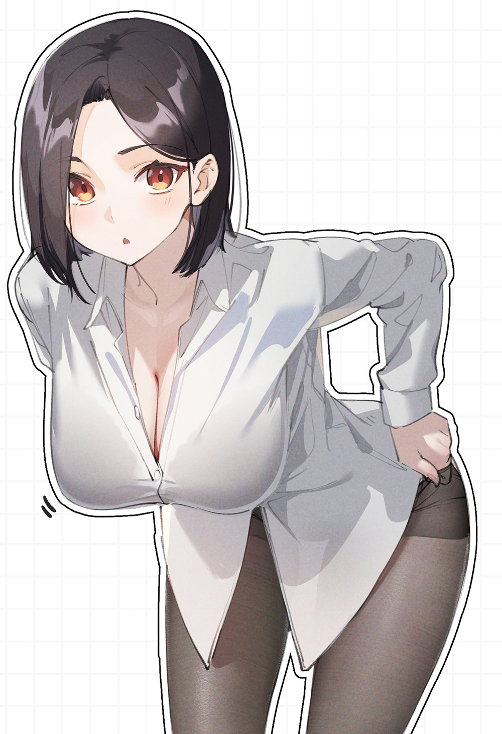 1girl black_hair breasts c-eye cleavage dressing grey_pantyhose highres large_breasts leaning_forward looking_at_viewer office_lady open_mouth orange_eyes original pantyhose shirt solo white_background white_shirt