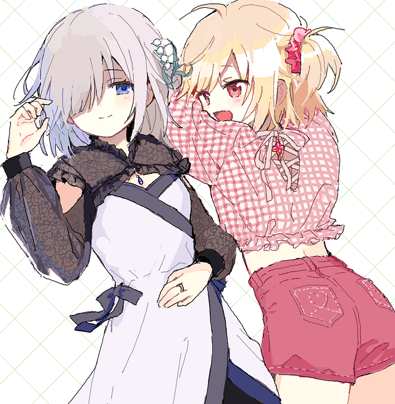 2girls :d ahoge alternate_costume ayano_rika blonde_hair blue_eyes boyano cowboy_shot dress flower grey_hair hair_flower hair_ornament hair_over_one_eye hand_on_own_stomach hand_up isuzu_ren jewelry long_sleeves looking_at_another looking_at_viewer lying magia_record:_mahou_shoujo_madoka_magica_gaiden mahou_shoujo_madoka_magica multiple_girls on_back on_stomach open_mouth pink_shirt pink_shorts plaid_clothes plaid_shirt puffy_long_sleeves puffy_sleeves red_eyes ring shirt short_hair shorts smile two_side_up white_dress