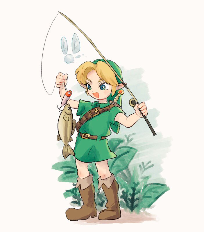 1boy belt blonde_hair blue_eyes boots brown_belt brown_boots commentary_request fairy fish fishing_rod full_body green_hat green_tunic hat holding holding_fishing_rod link navi nintendo plant shoulder_belt solo standing sword the_legend_of_zelda the_legend_of_zelda:_ocarina_of_time tunic weapon weapon_on_back white_background yamori_(yamoooon21) young_link