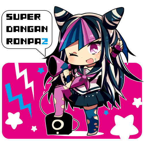 10s 1girl :d arm_up arm_warmers black_hair blue_hair blue_thighhighs chibi cone_hair_bun copyright_name danganronpa_(series) danganronpa_2:_goodbye_despair ear_piercing female_focus hair_bun lightning_bolt_symbol long_hair lowres megaphone mioda_ibuki multicolored_hair nasa_yu one_eye_closed open_mouth piercing pink_eyes pink_hair pink_thighhighs pleated_skirt school_uniform serafuku skirt smile solo speech_bubble star_(symbol) striped thighhighs torn_clothes torn_thighhighs wink