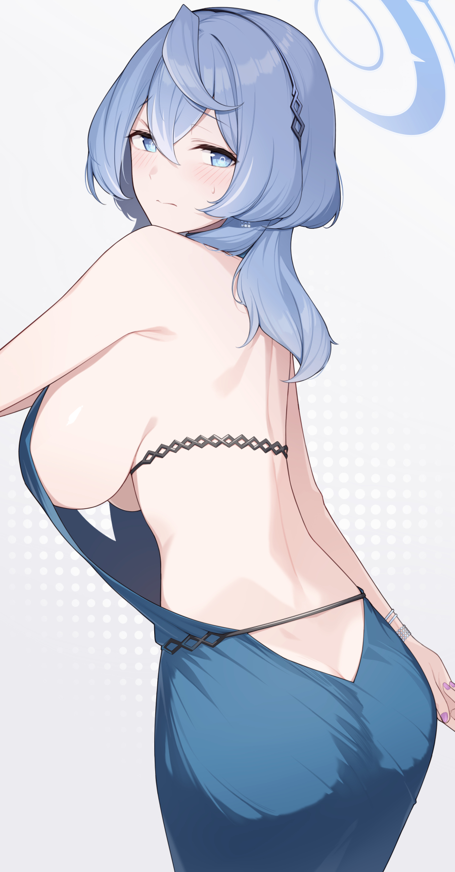 1girl ako_(blue_archive) ako_(dress)_(blue_archive) ass backless_dress backless_outfit bare_shoulders blue_archive blue_eyes blue_hair blush breasts bursting_breasts butt_crack dress enosan frown highres large_breasts looking_at_viewer looking_back solo underboob