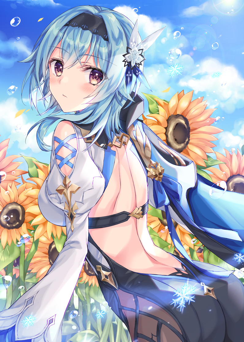 1girl ass back backless_outfit belt black_gloves black_hairband black_leotard blue_cape blue_hair blue_sky blush breasts cape eula_(genshin_impact) field flower flower_field fukase_ayaka genshin_impact gloves hair_ornament hairband large_breasts leotard long_sleeves looking_at_viewer medium_hair purple_eyes shirt sidelocks sky solo sunflower sunflower_field underbust white_shirt