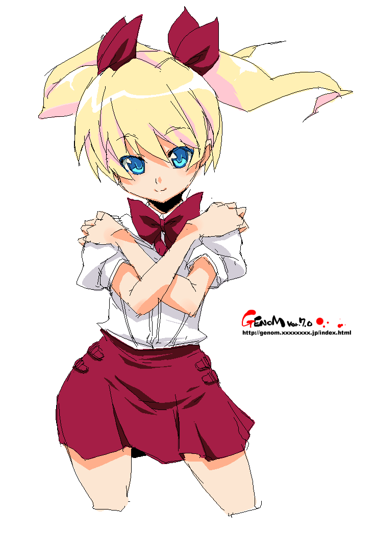 blonde_hair blue_eyes hair_ribbon oekaki onija_tarou original ribbon school_uniform simple_background solo twintails watermark web_address white_background