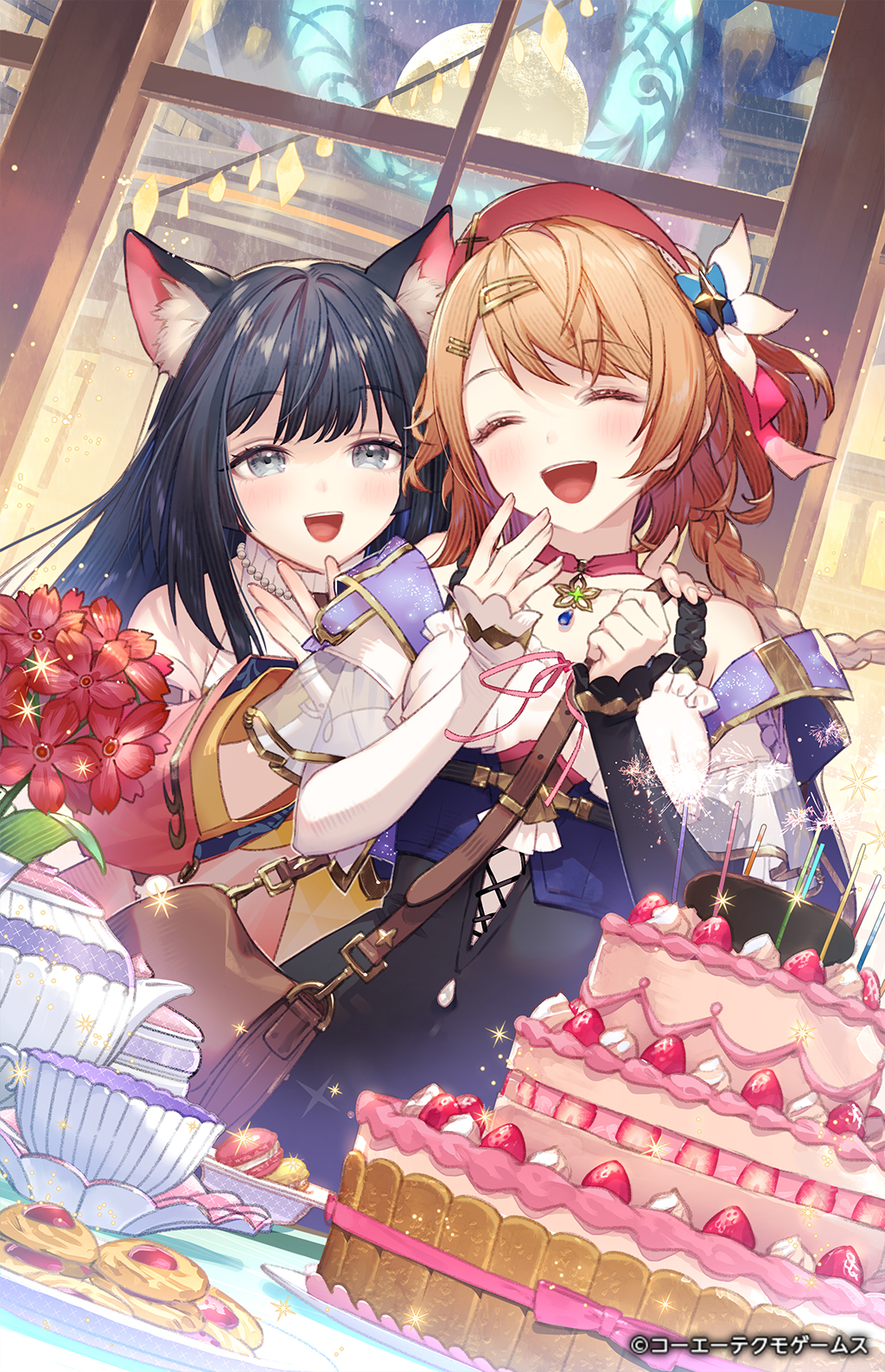 2girls :d ^_^ animal_ear_fluff animal_ears atelier_(series) atelier_resleriana birthday birthday_cake black_hair blue_eyes blush braid brown_bag brown_hair cake cat_ears cat_girl choker closed_eyes cookie cup detached_sleeves flower food hair_ornament hairclip hat highres indoors izana_kokoschka long_hair long_sleeves multiple_girls official_art open_mouth pink_choker pink_hat red_flower resna_sternenlicht second-party_source smile standing teacup teapot umiu_geso window