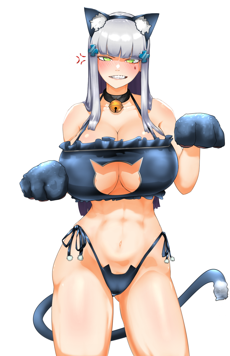 1girl animal_ears bell bikini black_bikini blush breasts cat_ear_bikini cat_ears cat_tail cleavage clothing_cutout collarbone facial_mark girls&#039;_frontline gloves green_eyes grey_hair hair_ornament highres hk416_(girls&#039;_frontline) large_breasts long_hair looking_at_viewer meme navel neck_bell pakdeus sad_cat_dance_(meme) solo stomach swimsuit tail tattoo teardrop teardrop_tattoo very_long_hair