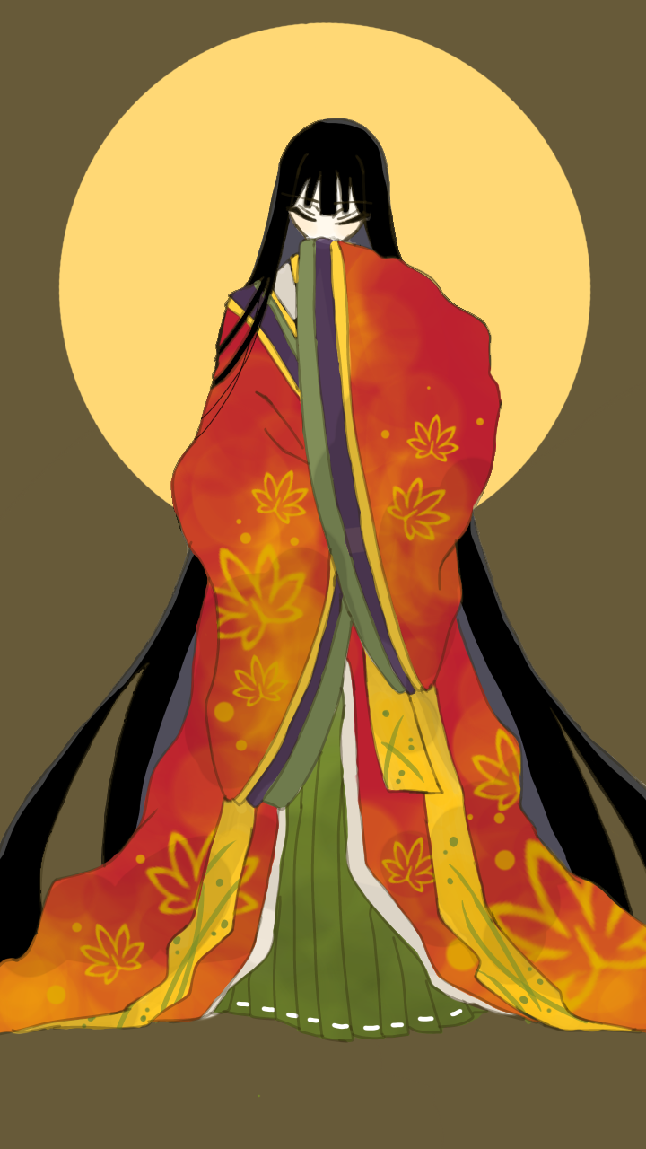 1girl black_hair blunt_ends blush closed_eyes covering_own_mouth eyeshadow grey_eyeshadow heian highres japanese_clothes karaginu_mo kimono layered_clothes layered_kimono leaf_print long_hair makeup maple_leaf_print moon nanohana_color original very_long_hair