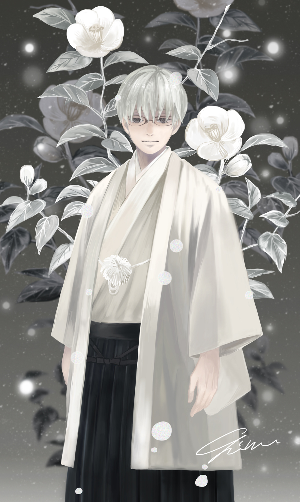 1boy arms_at_sides flower glasses grey_background grey_eyes highres looking_at_viewer male_focus sangatsu_no_lion signature solo souya_touji standing white_hair yum_(unlucky)