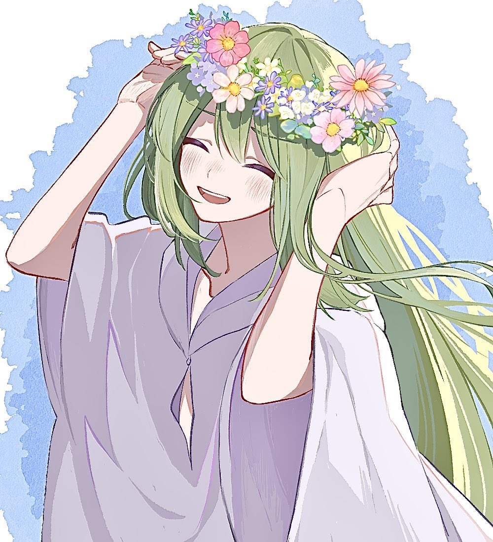 1other androgynous closed_eyes enkidu_(fate) fate/strange_fake fate_(series) flower flower_wreath green_hair hair_flower hair_ornament head_wreath long_hair para_(para_mi0103) pink_flower purple_flower robe smile solo very_long_hair white_flower white_robe wreath