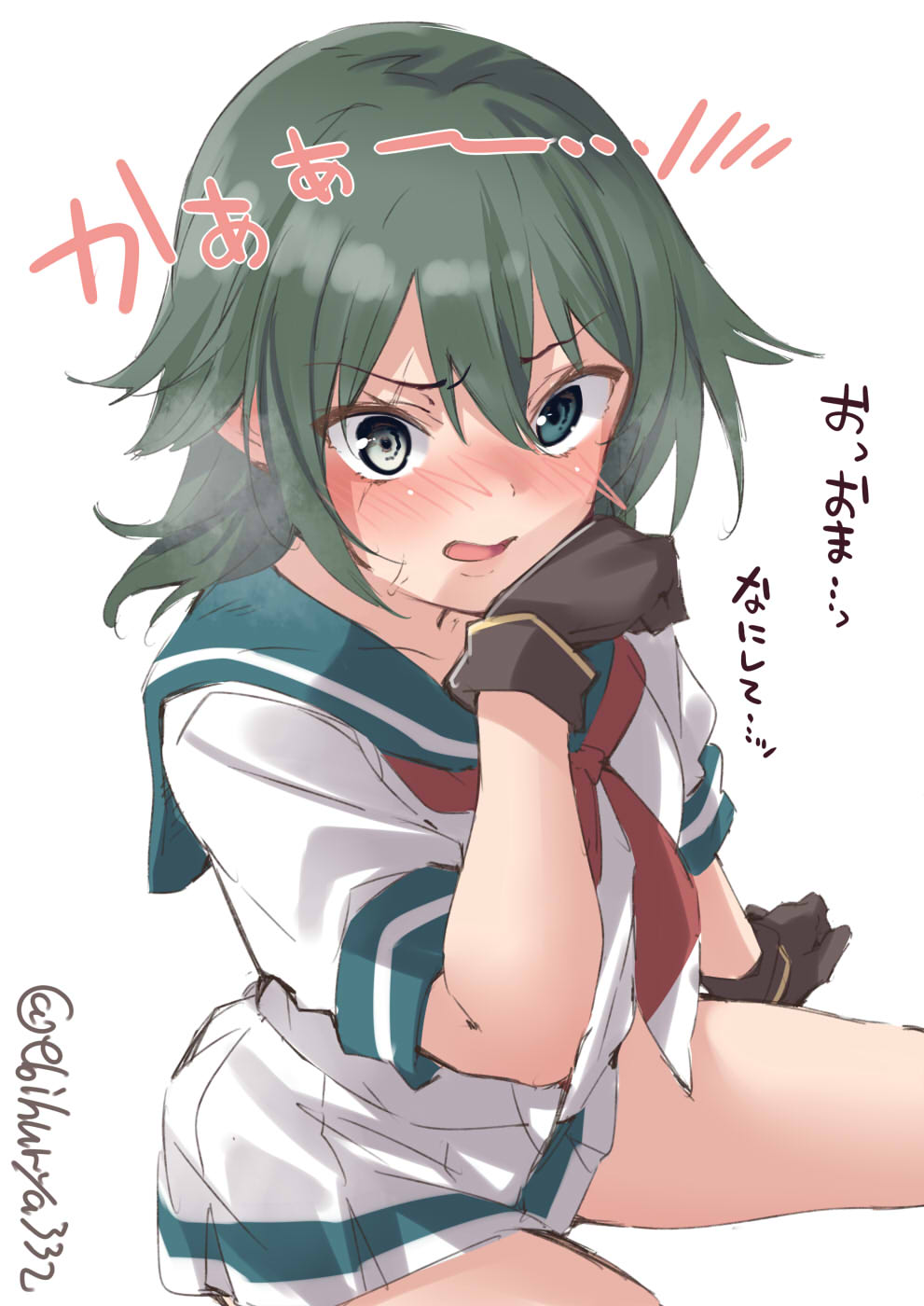 1girl aqua_sailor_collar blush brown_gloves cowboy_shot ebifurya gloves green_eyes green_hair hair_between_eyes heterochromia highres kantai_collection kiso_(kancolle) neckerchief open_mouth pleated_skirt red_neckerchief sailor_collar school_uniform serafuku short_hair short_sleeves simple_background skirt solo translation_request twitter_username white_background white_skirt