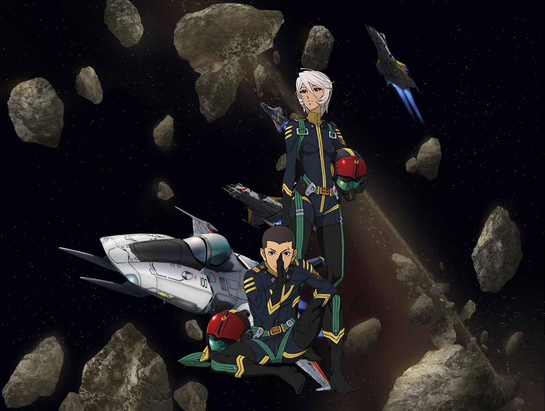 10s 1boy 1girl asteroid black_hair bodysuit cosmo_falcon helmet holding holding_helmet katou_saburou looking_at_viewer military military_uniform official_art pilot pilot_suit red_eyes scar short_hair silver_hair sitting skin_tight space spacecraft standing uchuu_senkan_yamato uchuu_senkan_yamato_2199 unworn_headwear unworn_helmet yamamoto_akira